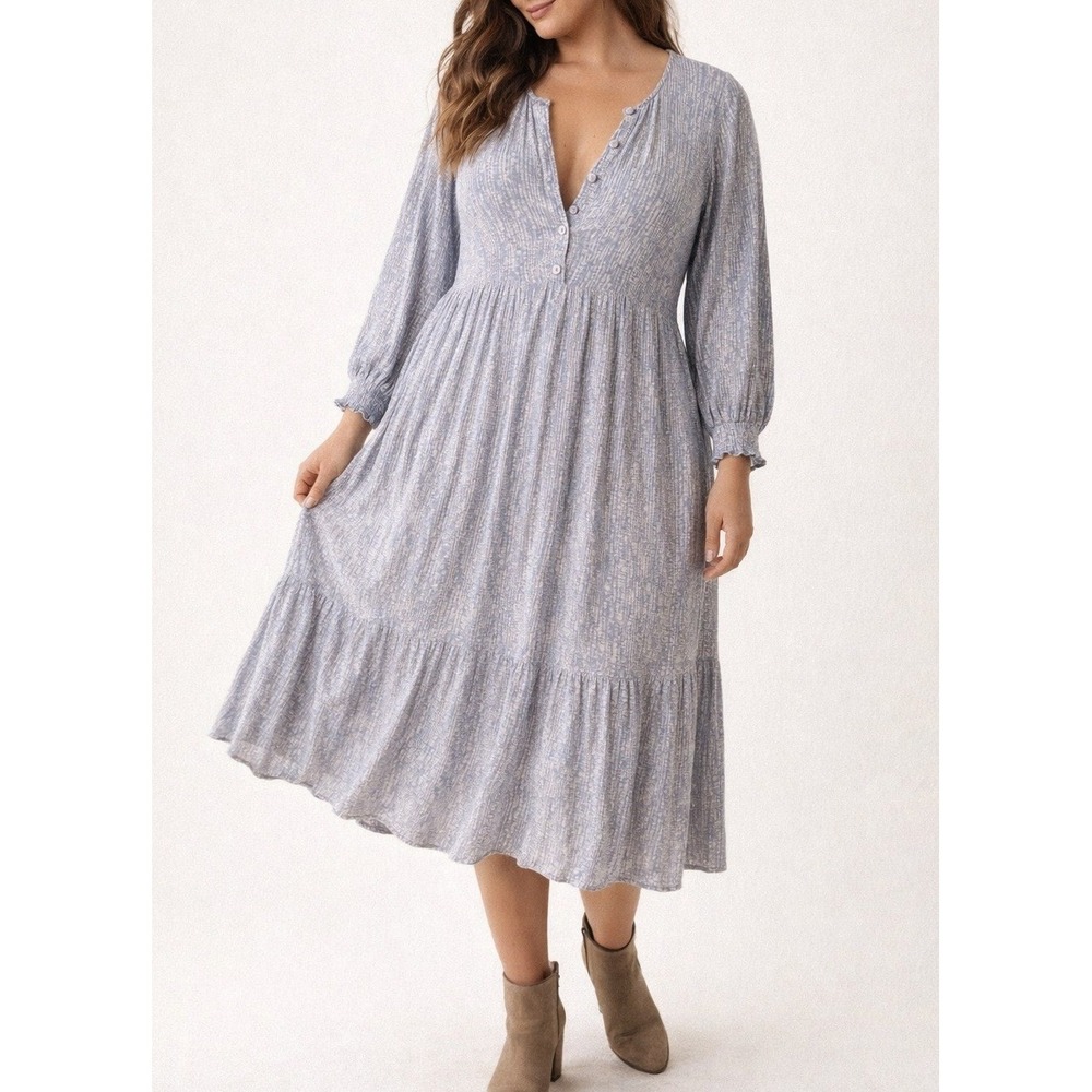 Aura Midi Dress Large Blue Boho Cottagecore Prairie Tiered Summer Long Sleeve